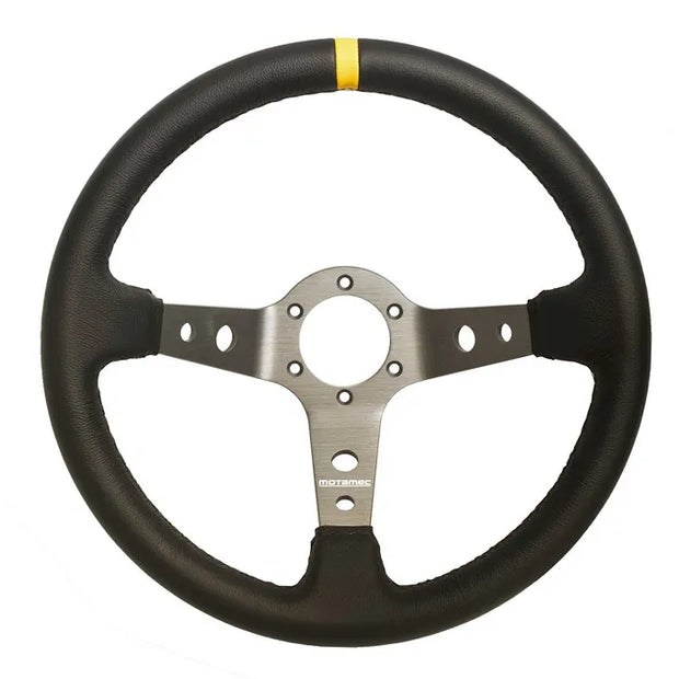 Olwyn Lywio Ras Rali Dysgl Ddwfn 350mm Lledr Du Titaniwm Spoke