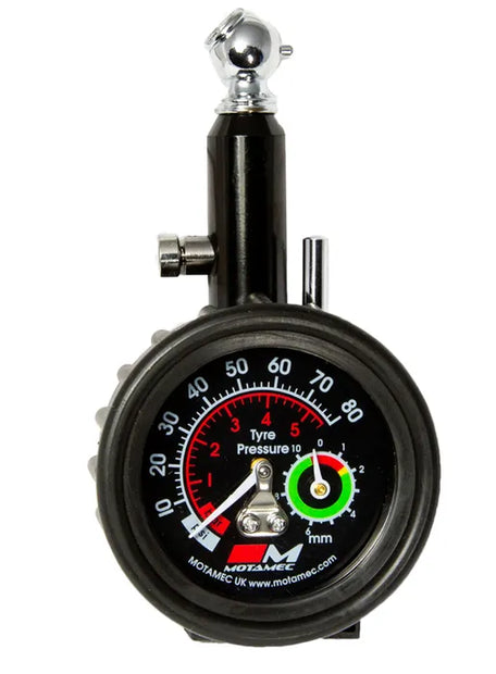 Motamec Motorsport Analogue Tyre Pressure Gauge With Built In Tyre Tread Depth Gauge.
