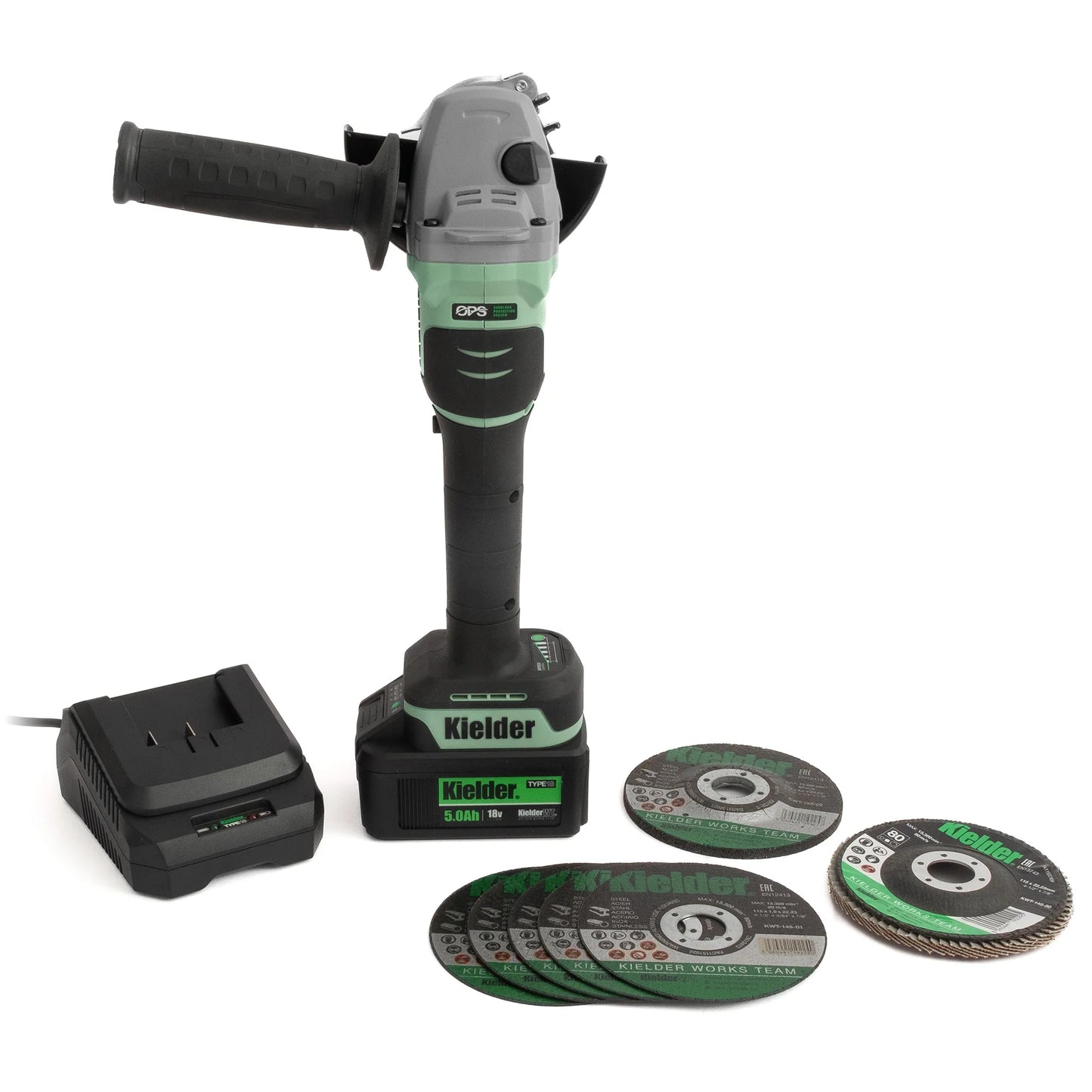 Kielder 18v 115mm Angle Grinder, 1 x 5.0Ah, Charger + 7 Mixed Discs Box
