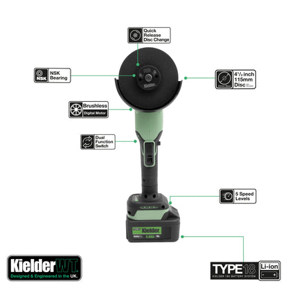 Kielder 18v 115mm Angle Grinder, 1 x 5.0Ah, Charger + 7 Mixed Discs Box