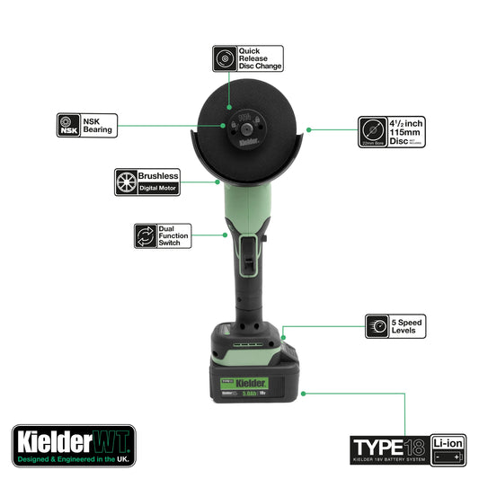 Kielder 18v 115mm Angle Grinder, 1 x 5.0Ah, Charger + 7 Mixed Discs Box