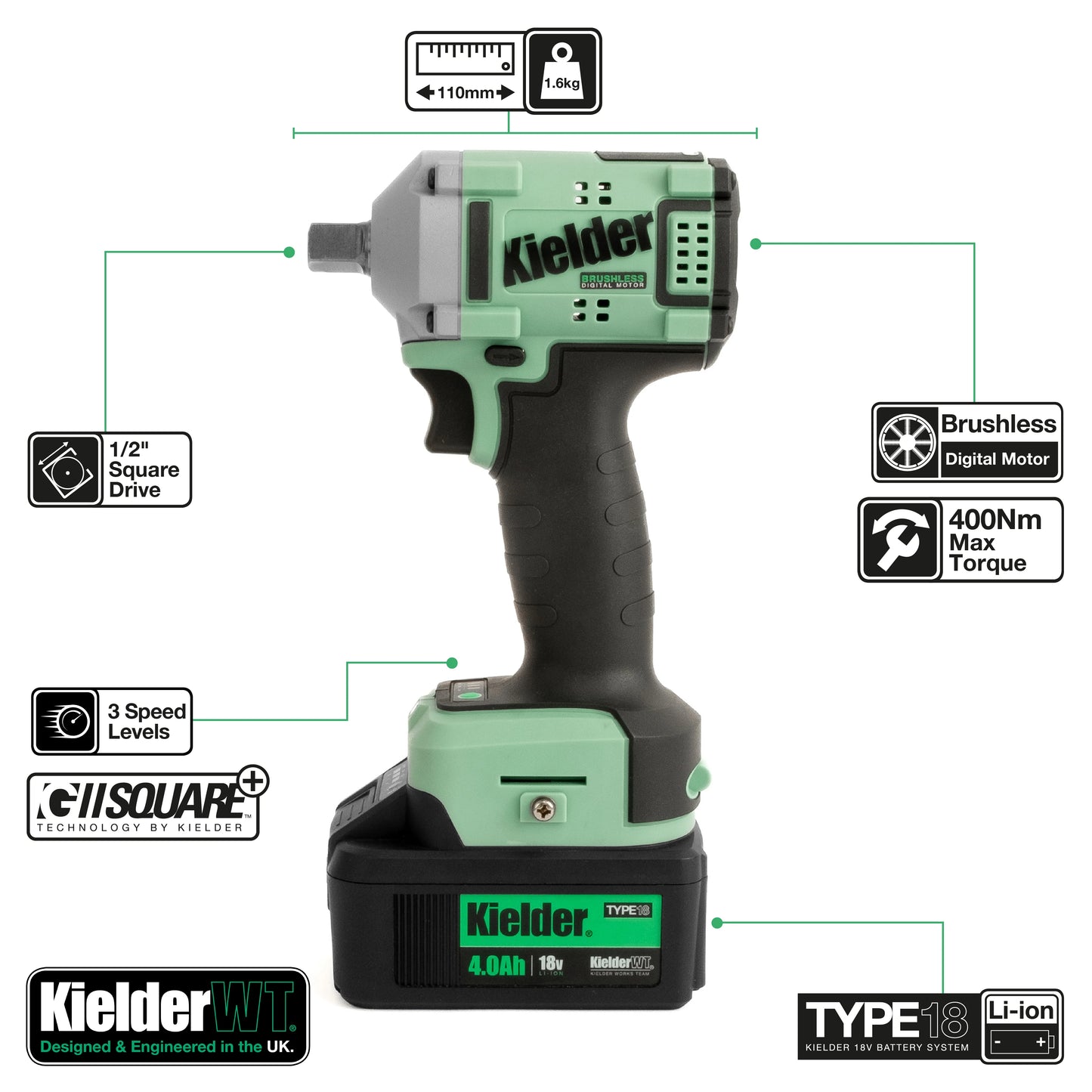Kielder 18v 1/2" Drive Ultra Compact Impact Wrench Wheel Gun