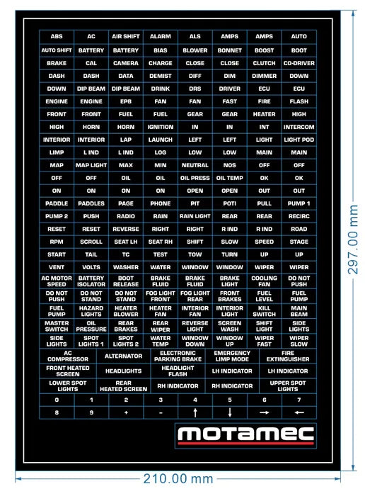 Motorsport Rally Race Car Dash Switch Identity Labels & Steering Wheel Button Labelling Sticker Sheet
