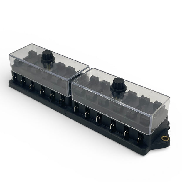 Black 12-way blade fuse box with two clear protective covers