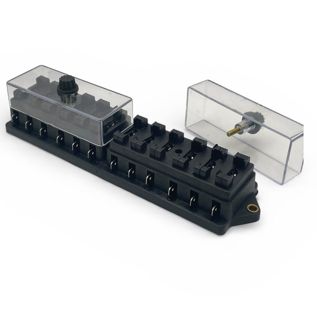 Black 12-way blade fuse box with two clear protective covers